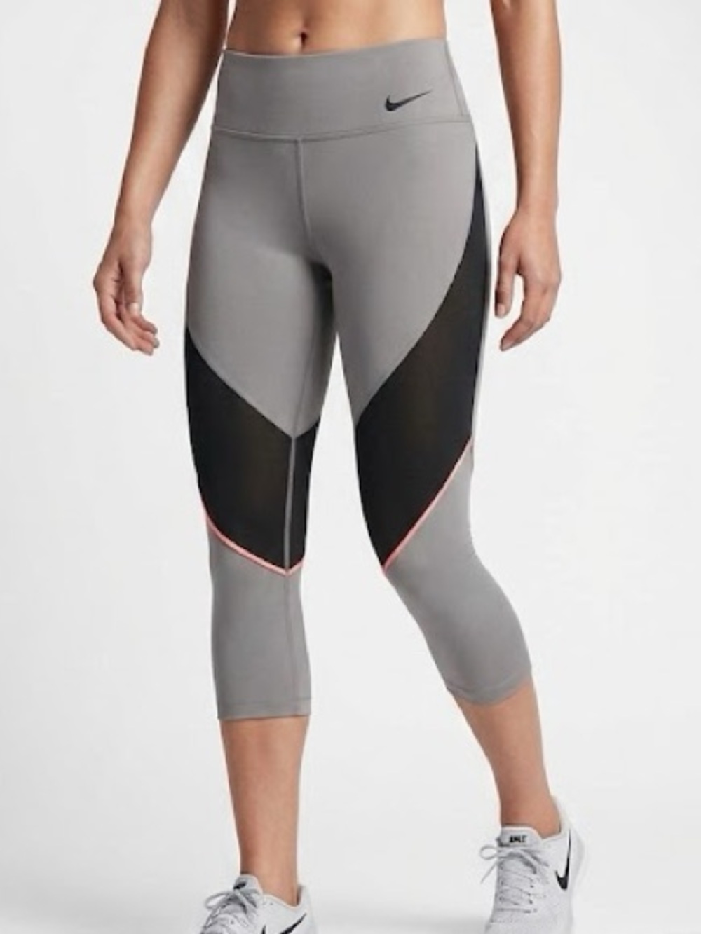 Nike Women’s Legendary Grey Leggings with Coral Pink Piping and Black Mesh